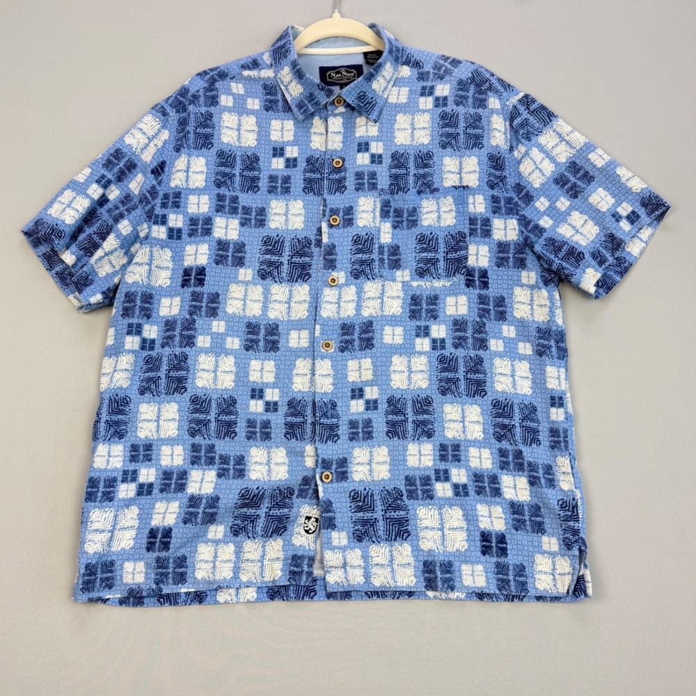 Nat Nast Luxury Originals Silk Cotton Blue Geometric Print Button Down Shirt L